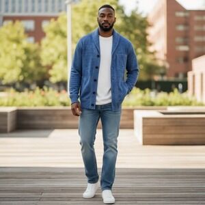 Marc Ecko Cut & Sew Blue Distressed Cardigan Eclectic Grandpa Sweater Size L